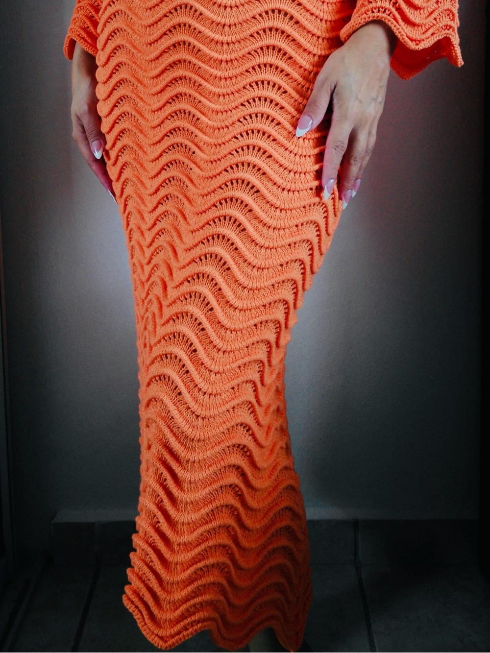Womenβs Long-Sleeve Crochet Maxi Dress in Bright Orange